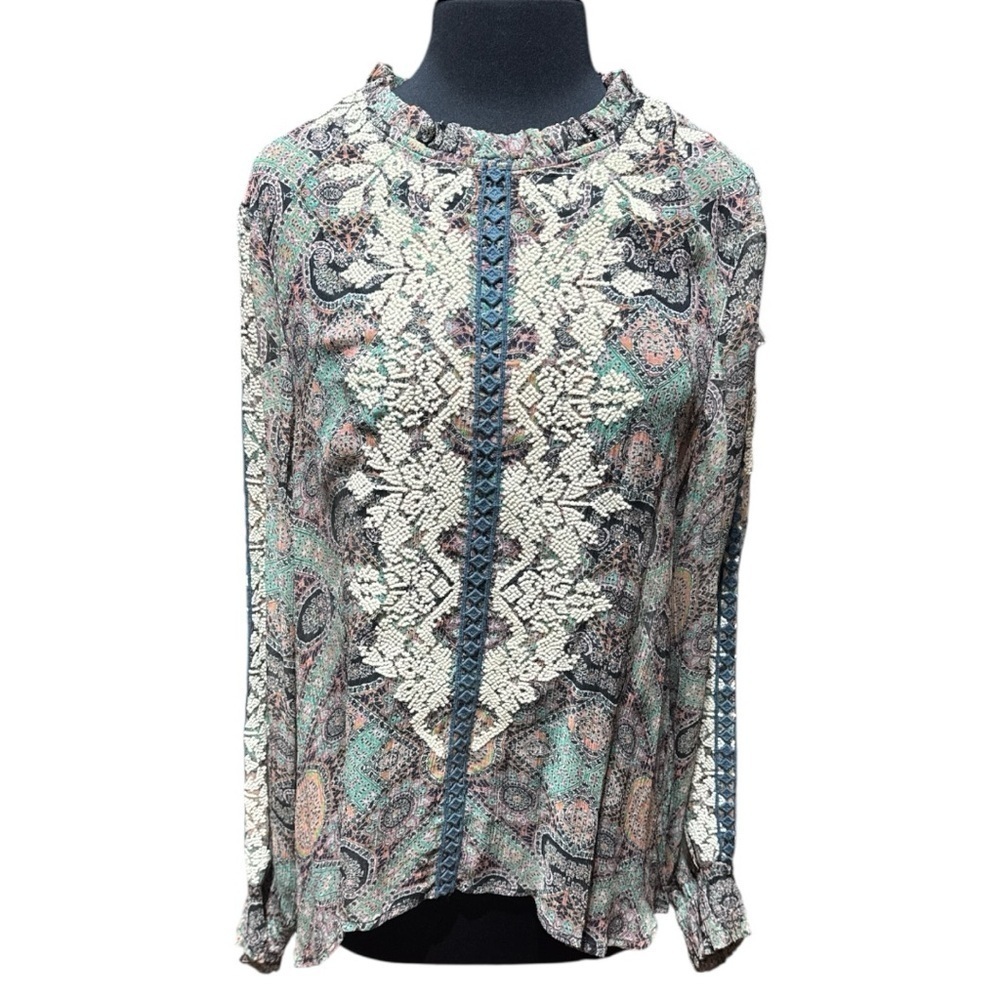 Sundance Bohemian Paisley Embroidered Cupro Blouse Ruffle Keyhole Back Size M - Picture 1 of 8
